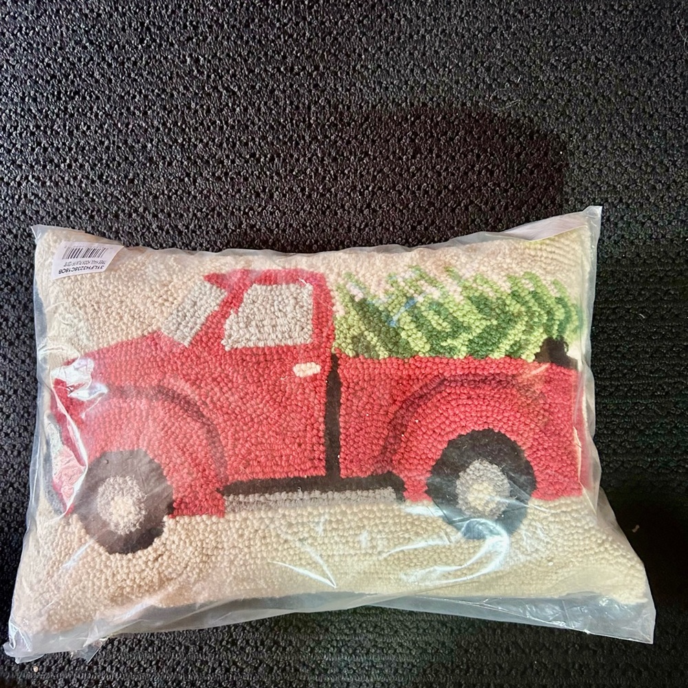 Peking Handicraft Wool Hopk Festive Red Truck Holiday Pillow